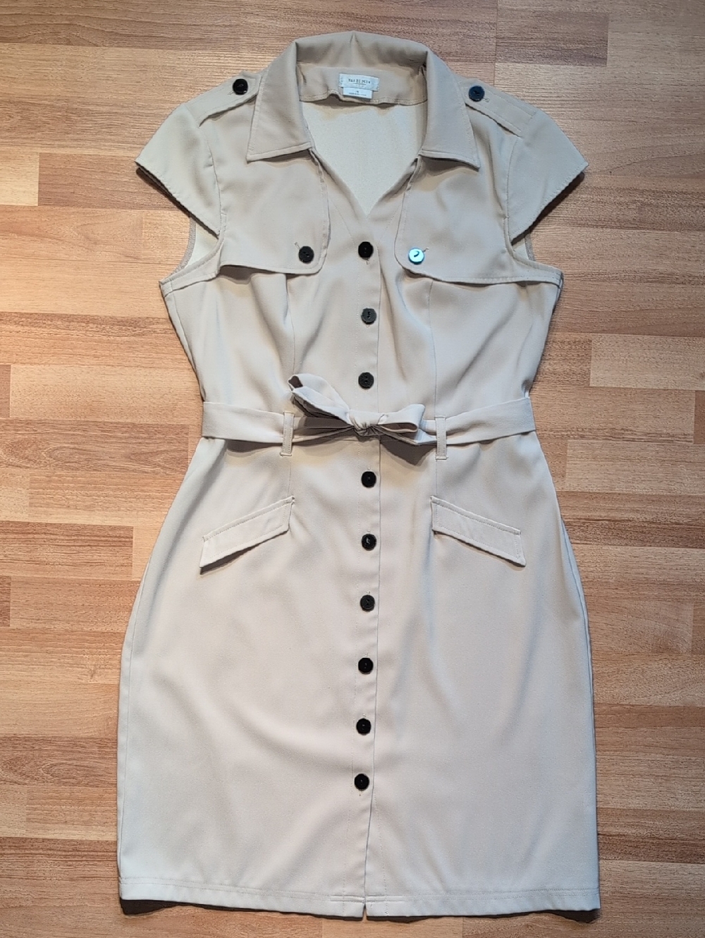Van Heusen Beige Sleeveless Belted Shirt Dress with Black Buttons